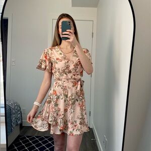 Moiety Peach Floral Wrap Dress - Medium - Wedding Guest - Cottagecore